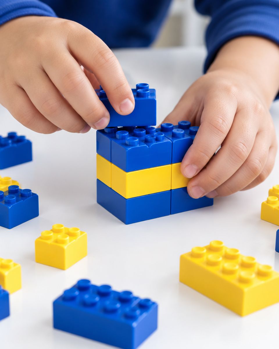 A child's hands building with blue and yellow blocks